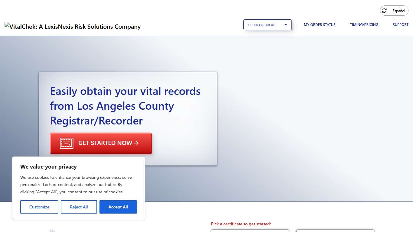 Los Angeles County Registrar/Recorder (CA) Order Certificates - VitalChek